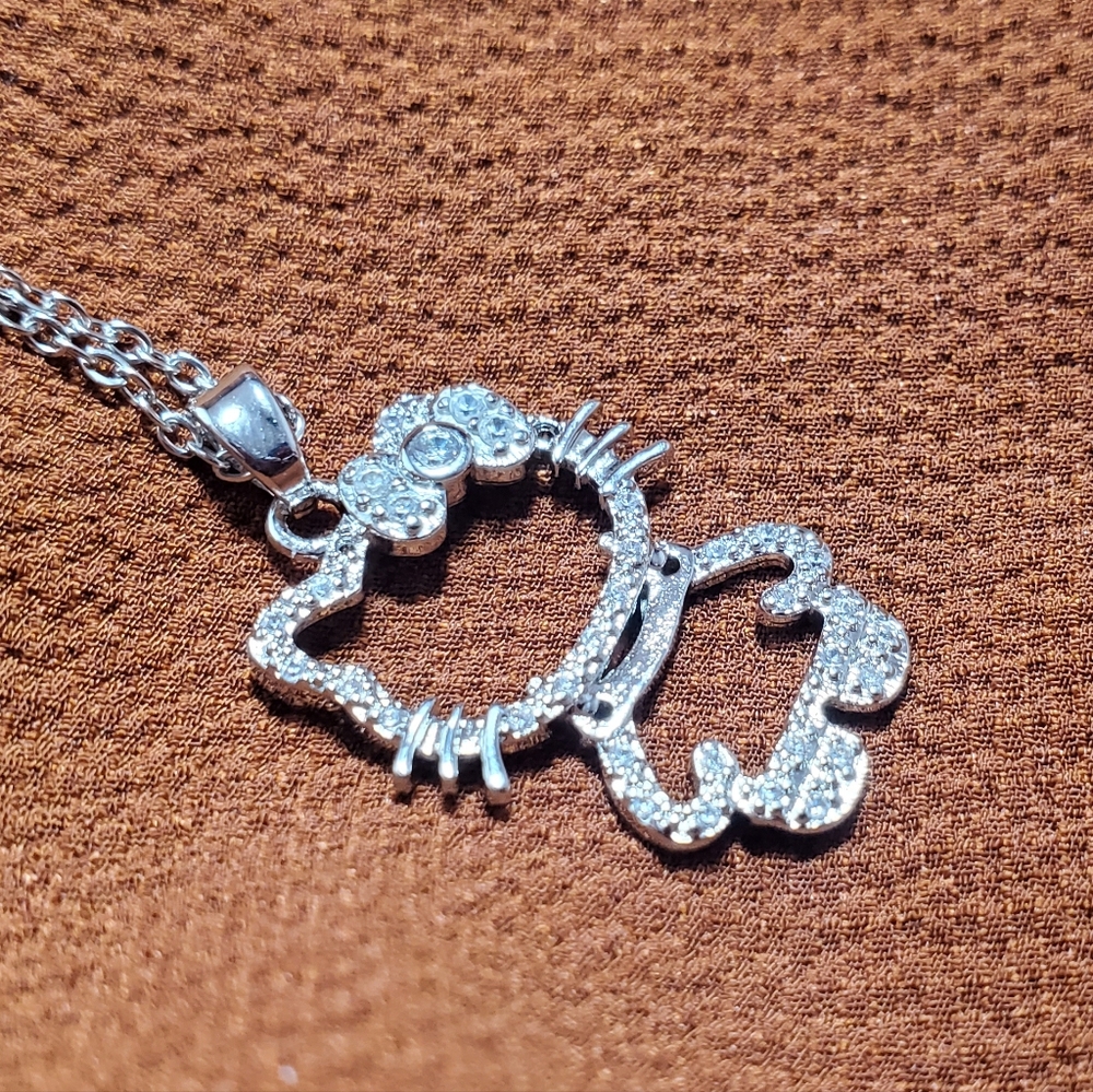 New Hello Kitty Silver Tone Pendant Necklace with Rhinestones